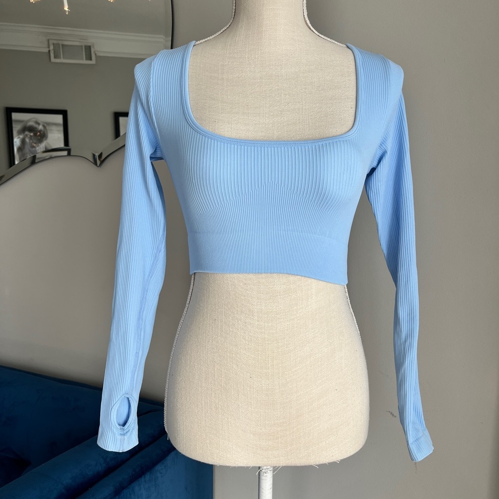 OQQ baby blue ribbed long sleeve top